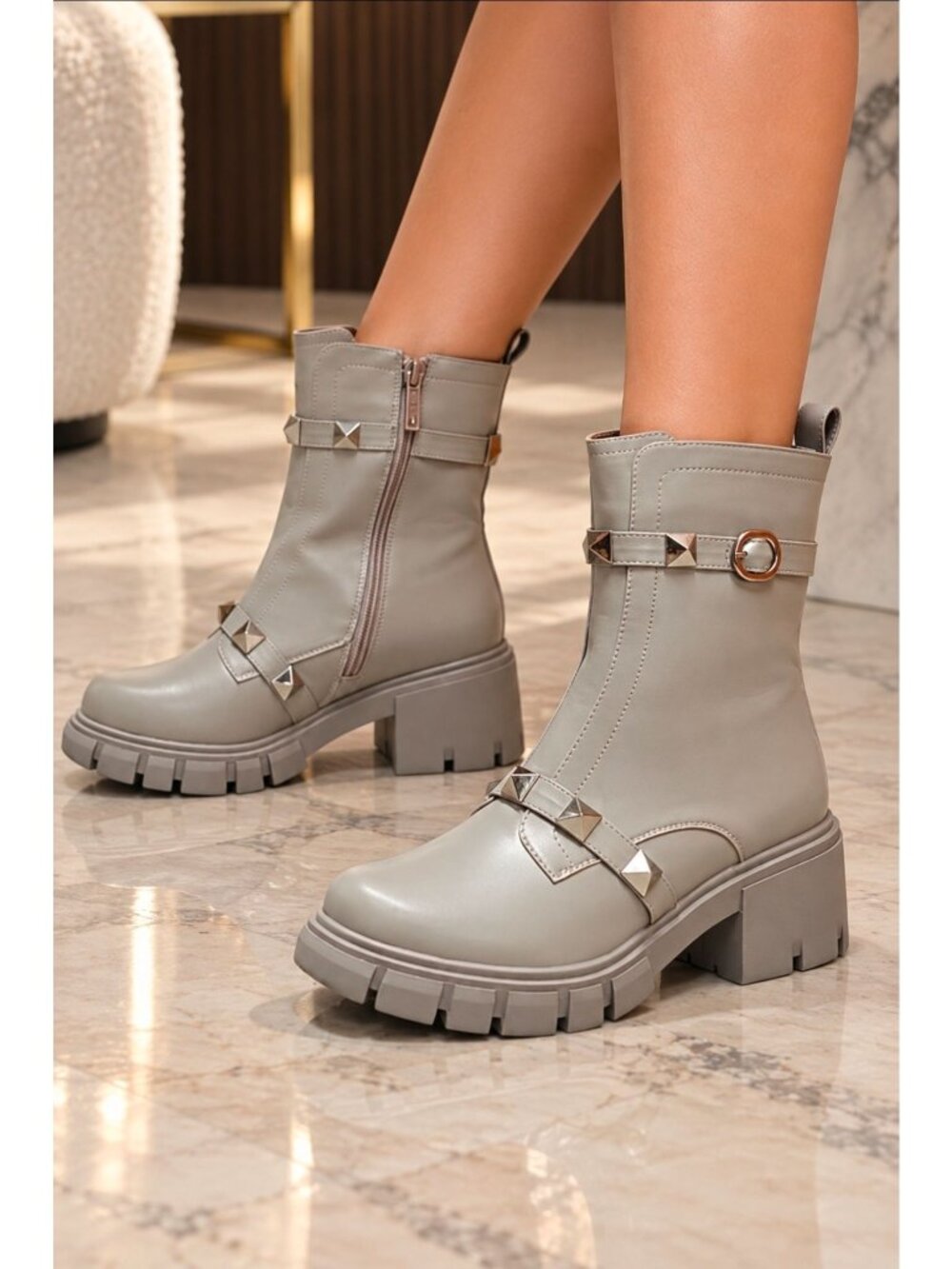 Studded Gray Ankle Boots With Chunky Lug Sole & Side Zipper For Women